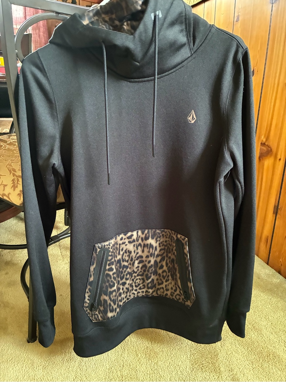 Volcom Black Cowl Neck Sweater with Leopard Pocket